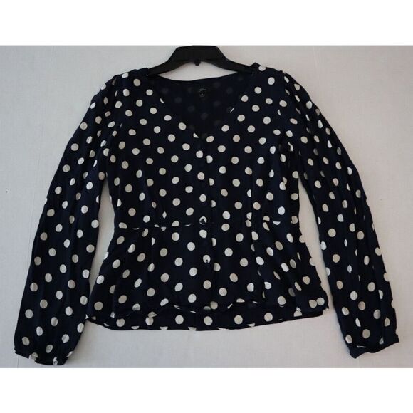 J.Crew L1742 Women's Sz 6 Navy Blue/White Polka Dot Long Sleeve Peplum Blouse - Picture 5 of 6